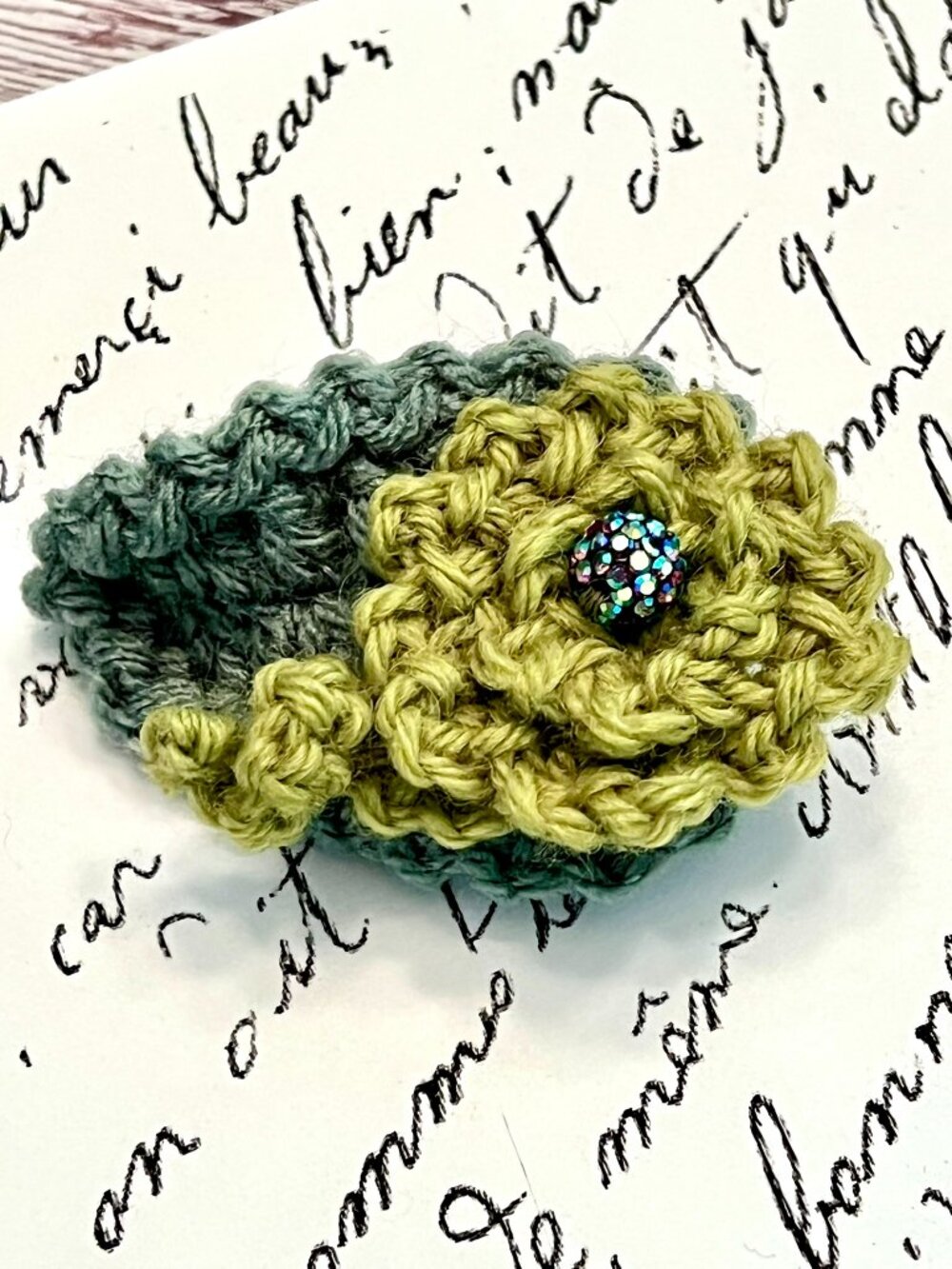 Petite FLORAL BROOCH~Shades of Green Wool & Acrylic Yarn~ AB Rhinestone Charm
